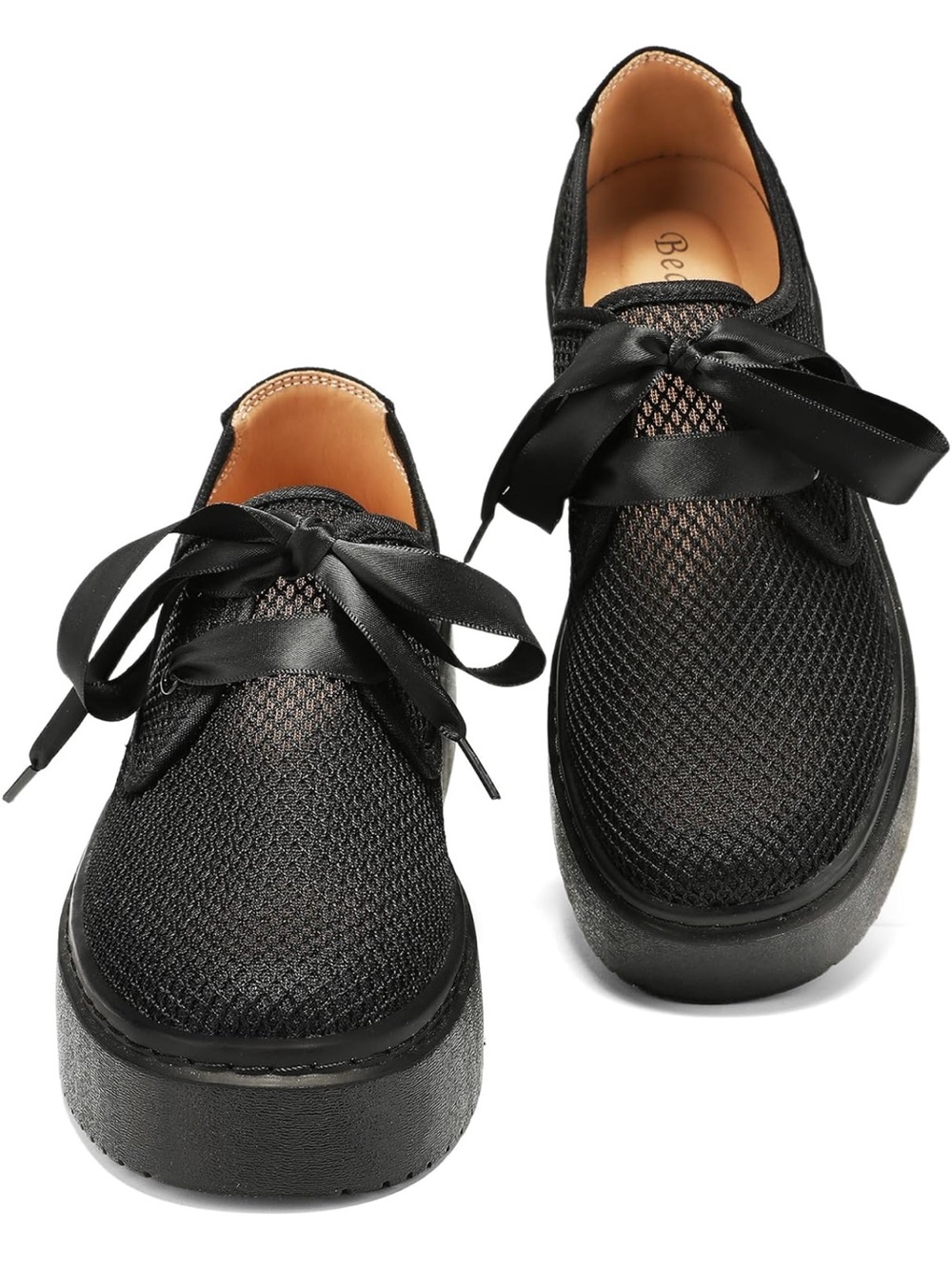 Beauseen Women’s Black Mesh Ribbon Lace-Up Platform Shoes